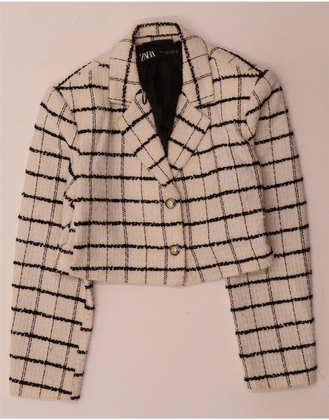 ZARA Damen Crop 2-Knopf-Blazerjacke UK 14 Große beige karierte Wolle