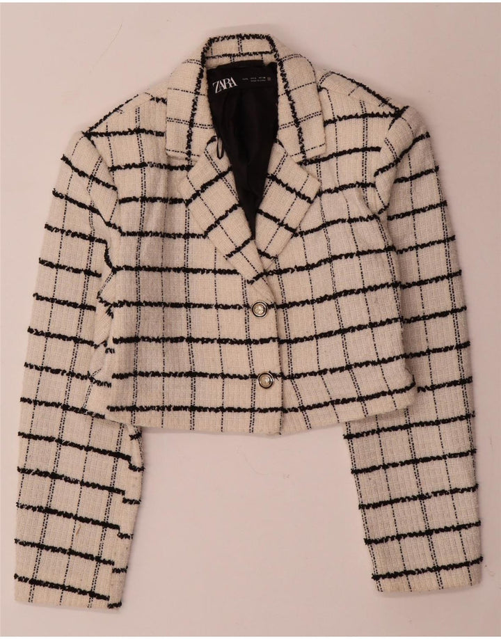 ZARA Damen Crop 2-Knopf-Blazerjacke UK 14 Große beige karierte Wolle