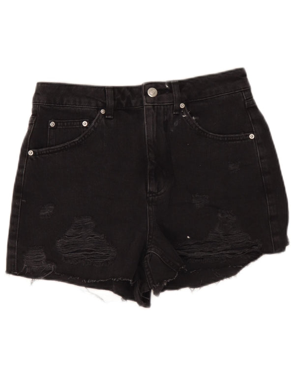 Topshop Damen Mom Distressed Denim Shorts UK 10 Small W28 Schwarze Baumwolle