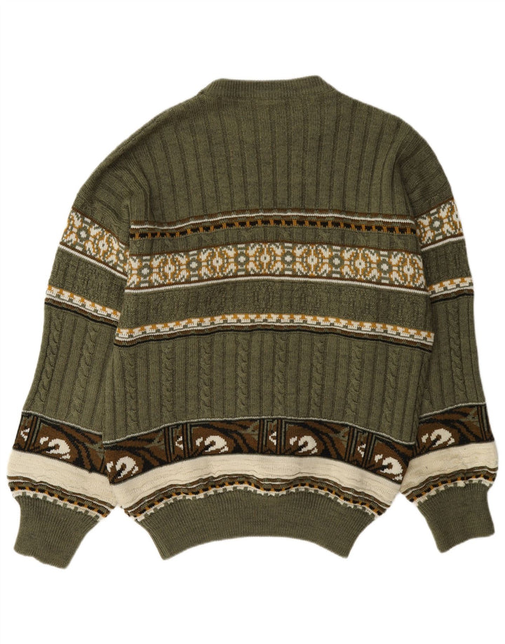 Vintage Herren Pullover mit Rundhalsausschnitt, Mittelgrün, Fair Isle