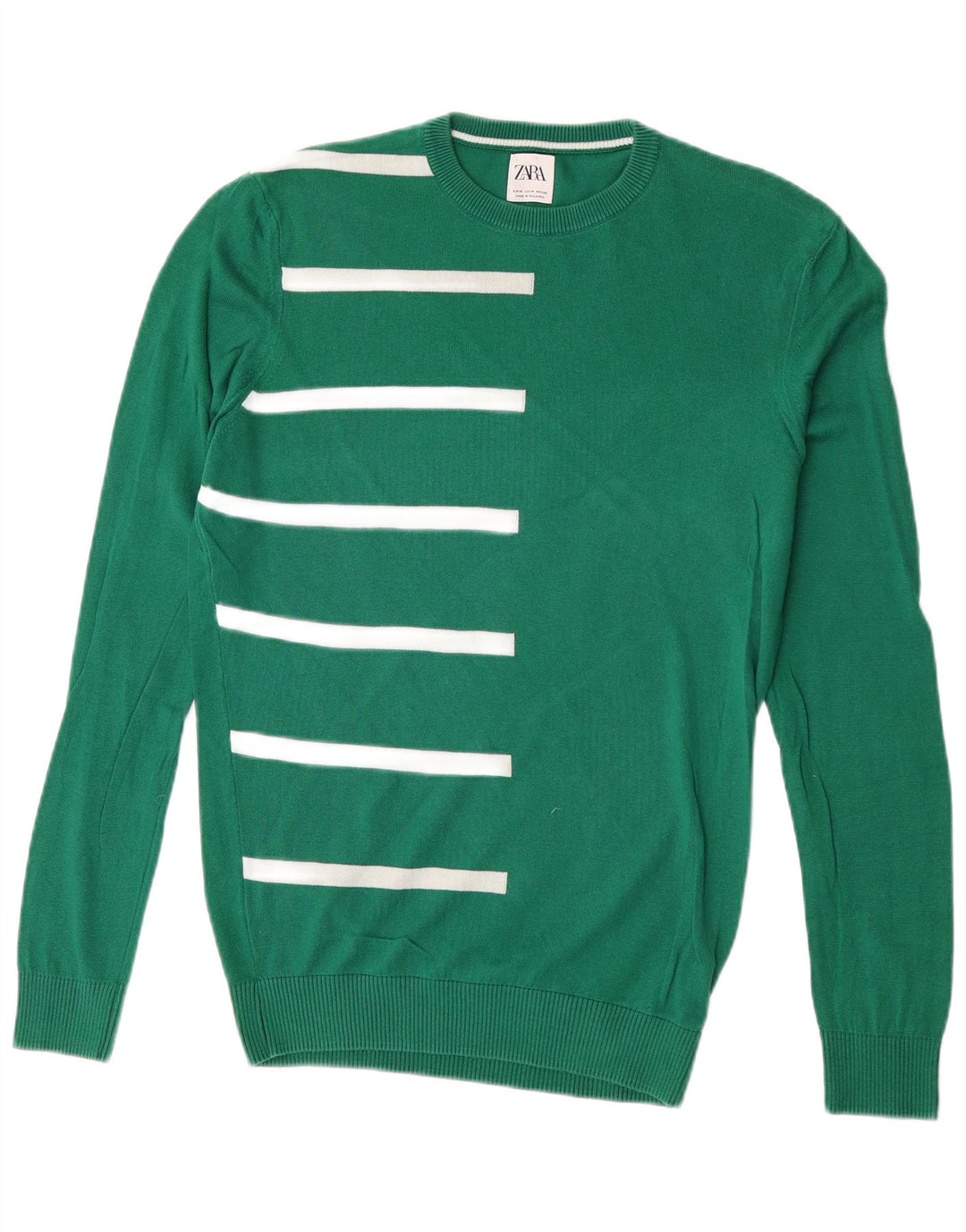 Zara Herren-Pullover mit Rundhalsausschnitt, mittelgrün, gestreift, Baumwolle