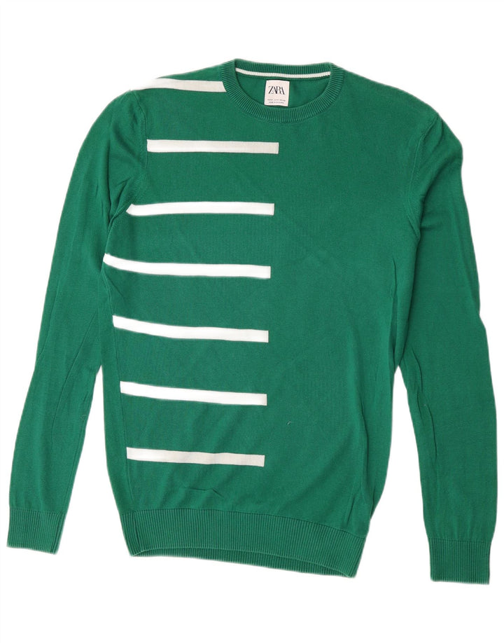 Zara Herren-Pullover mit Rundhalsausschnitt, mittelgrün, gestreift, Baumwolle