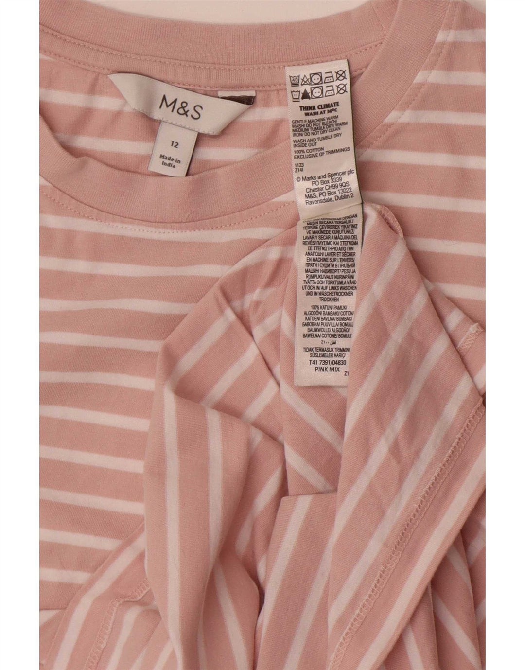 Marks & Spencer Damen T-Shirt Top UK 12 Mittelrosa gestreift aus Baumwolle