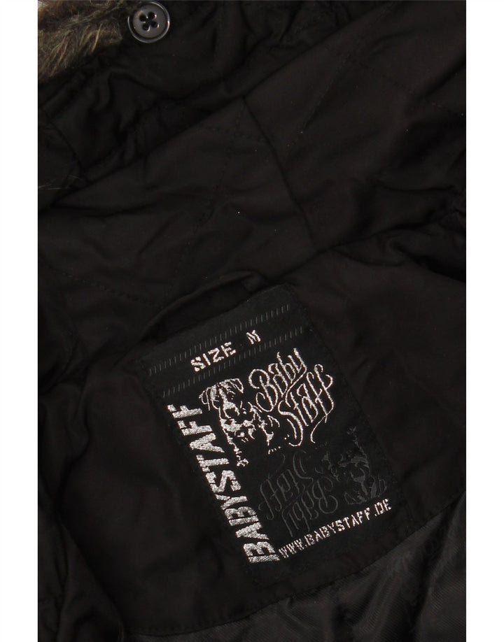 VINTAGE Bomberjacke mit grafischer Kapuze für Damen, UK 14, Mittelschwarzes Nylon