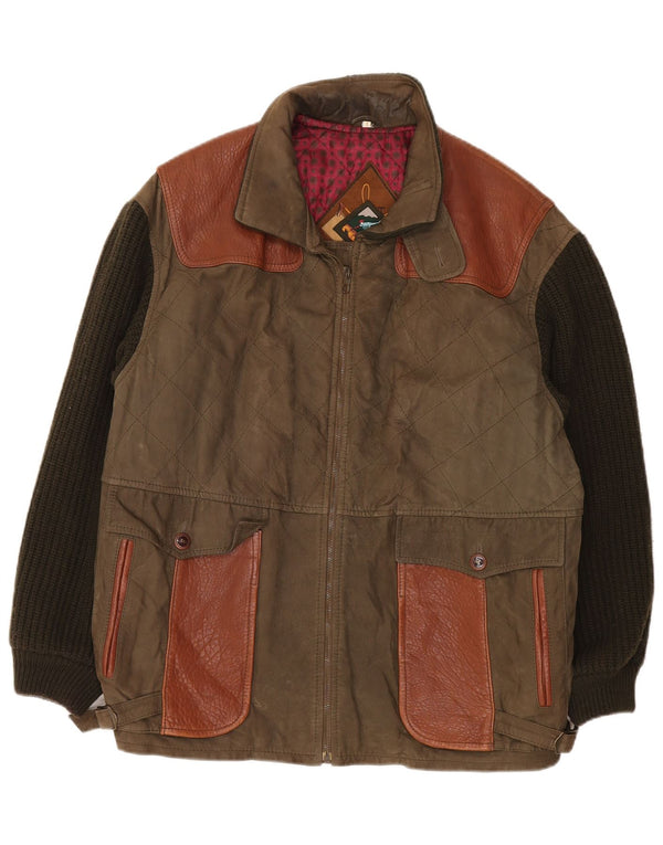 Vintage Herren Stricklederjacke UK 42 XL Khaki Colourblock Classic