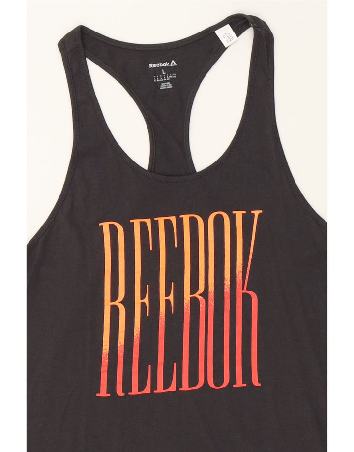 REEBOK Womens Graphic Vest Top UK 14 Large Black Vintage Reebok and Second-Hand Reebok from Messina Hembry 
