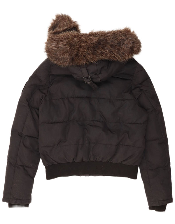 Superdry Wattierte Damenjacke mit Kapuze, UK 14, Größe L, schwarzes Nylon