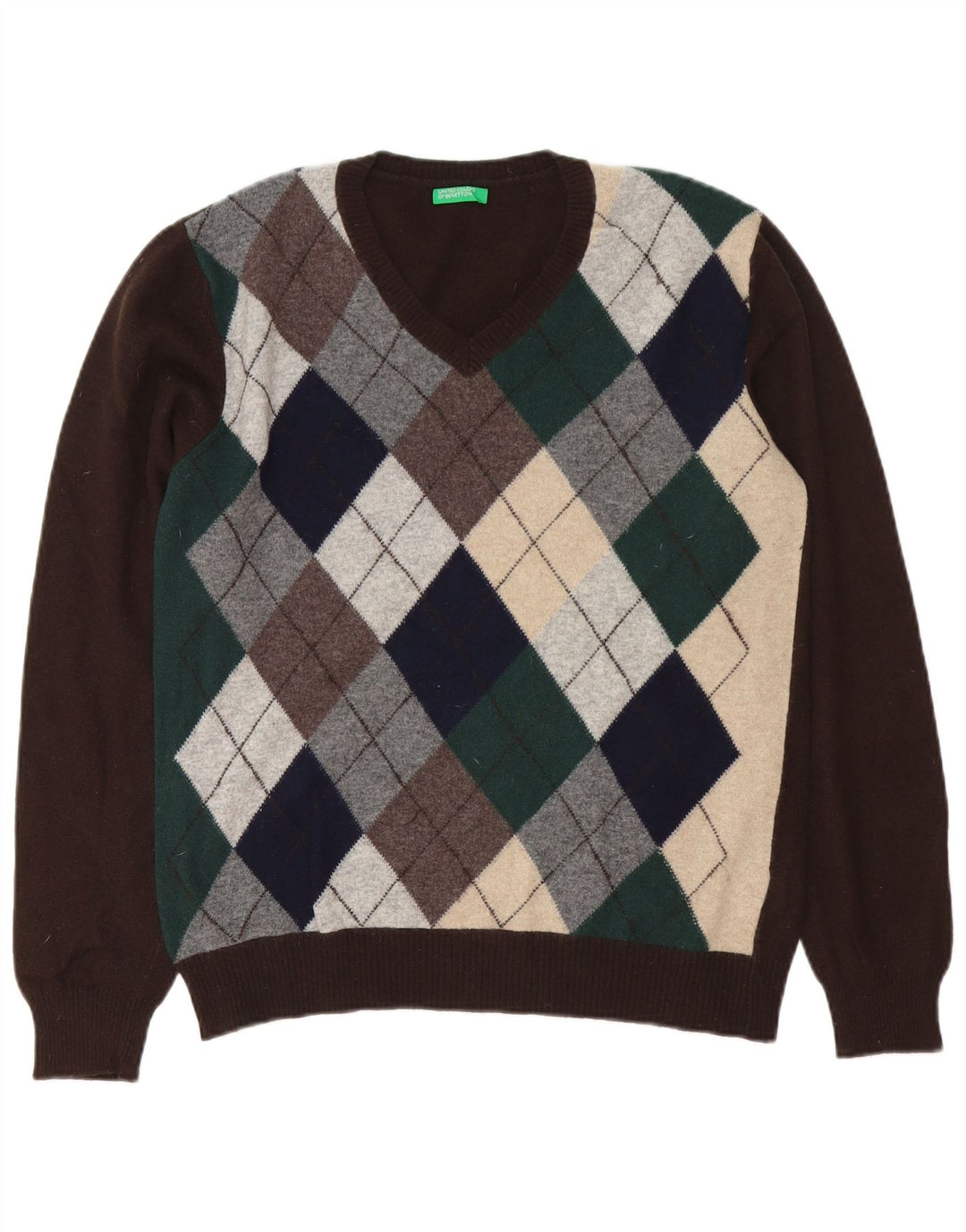 Benetton Herren-Pullover mit V-Ausschnitt, mittelbraune Argyle-/Diamond-Wolle