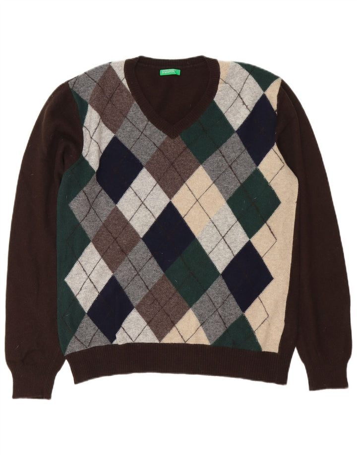 Benetton Herren-Pullover mit V-Ausschnitt, mittelbraune Argyle-/Diamond-Wolle