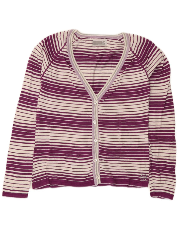 Sergio Tacchini Damen-Cardigan-Pullover UK 12 Mittellila gestreift aus Baumwolle