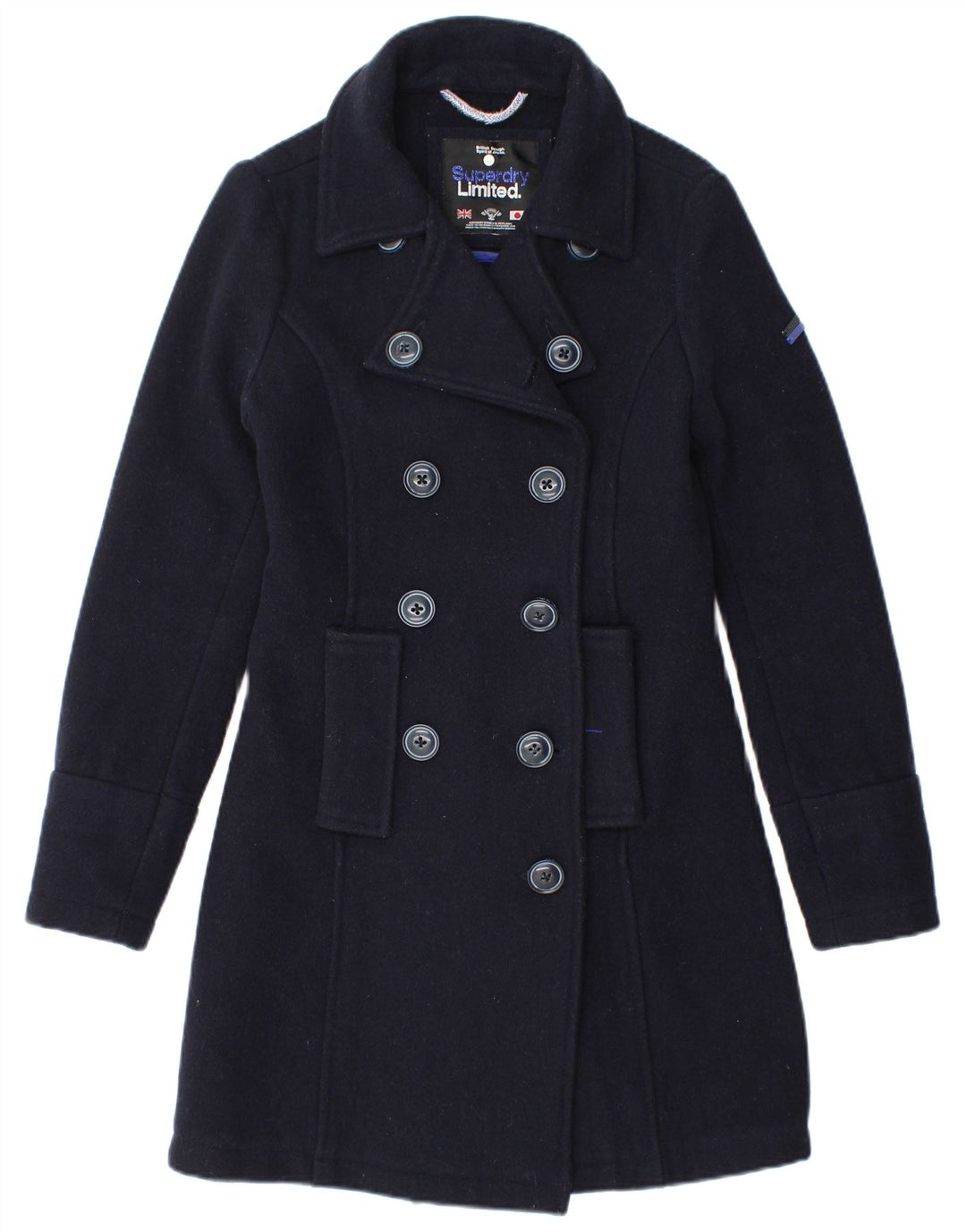 Superdry Damen Zweireihiger Mantel UK 6 XS Marineblaue Wolle