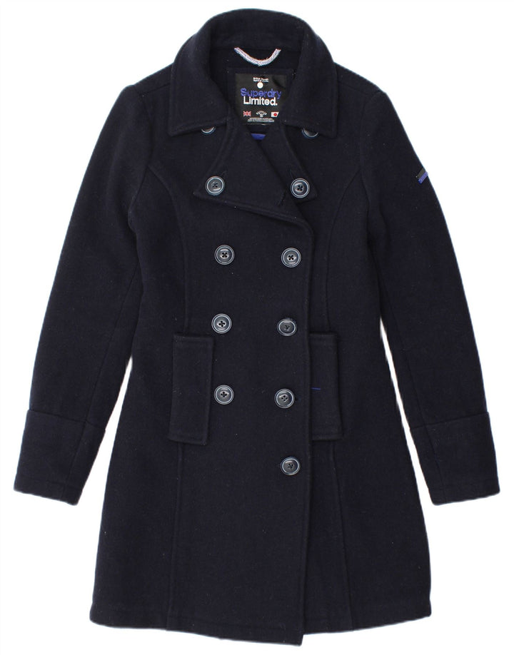 Superdry Damen Zweireihiger Mantel UK 6 XS Marineblaue Wolle