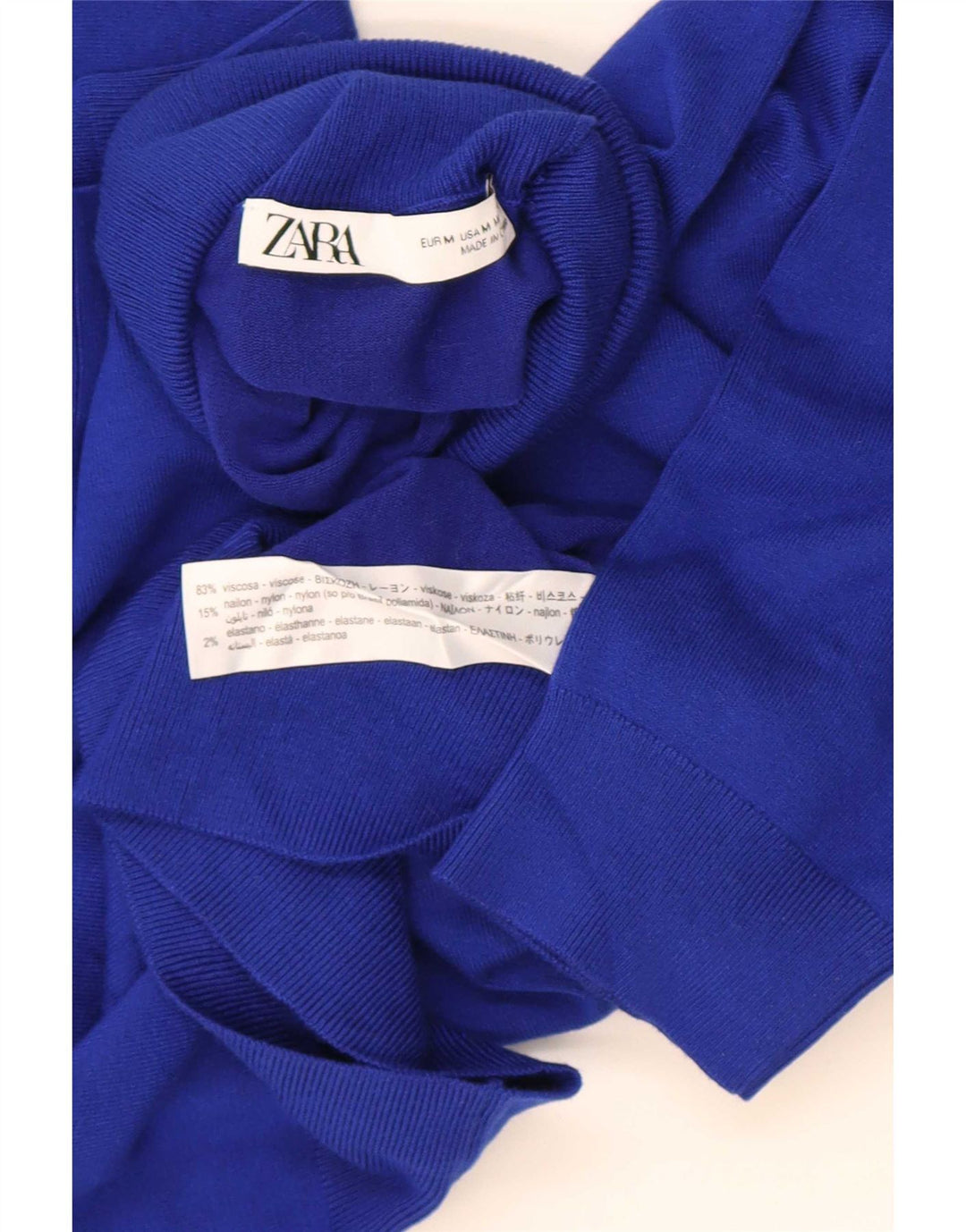 Kurzärmliger Rollkragenpullover von Zara für Damen, Gr. 12, mittelblaue Viskose