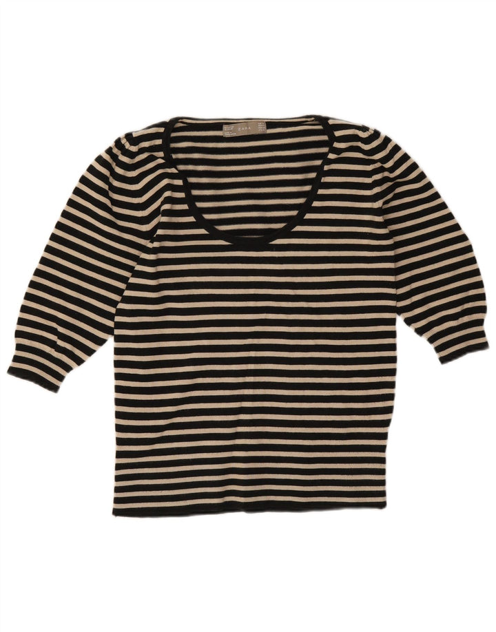 Zara Damen-Top, 3/4-Ärmel, UK-Größe 12, Mittelschwarz, gestreift, Baumwolle