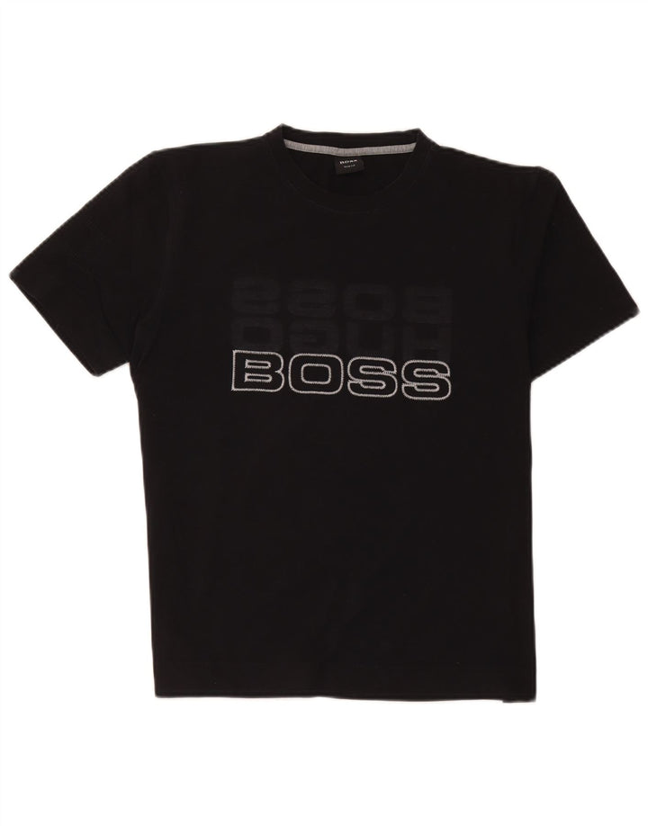 Hugo Boss Herren Slim Fit Grafik-T-Shirt-Oberteil aus mittelschwarzer Baumwolle