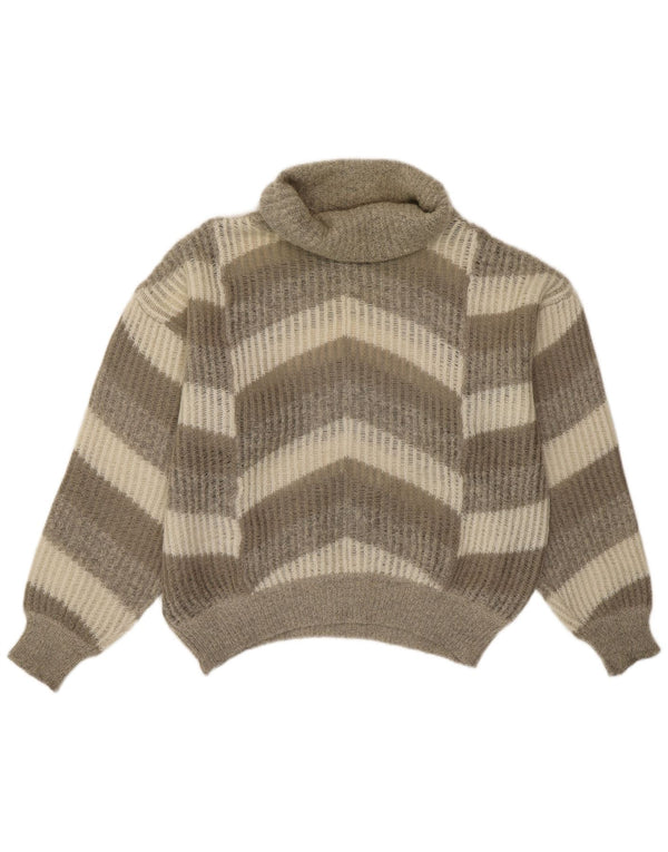 Vintage Damen Crop Rollkragenpullover Pullover UK 14 Groß Grau gestreift