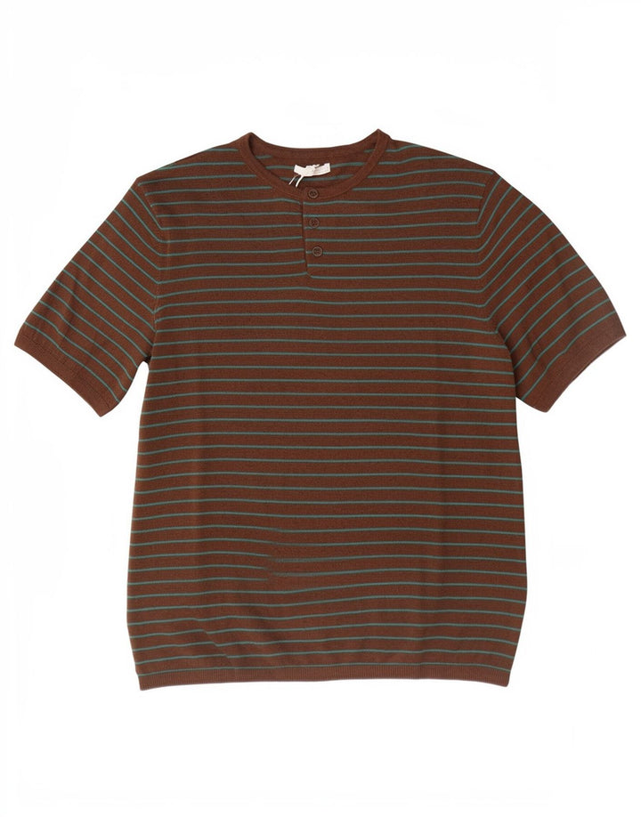 Zara Herren T-Shirt-Oberteil aus mittelbraun gestreifter Baumwolle