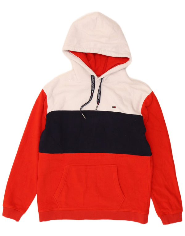 TOMMY HILFIGER Herren-Fleecepullover mit Kapuze, XL, rotes Farbblock-Polyester