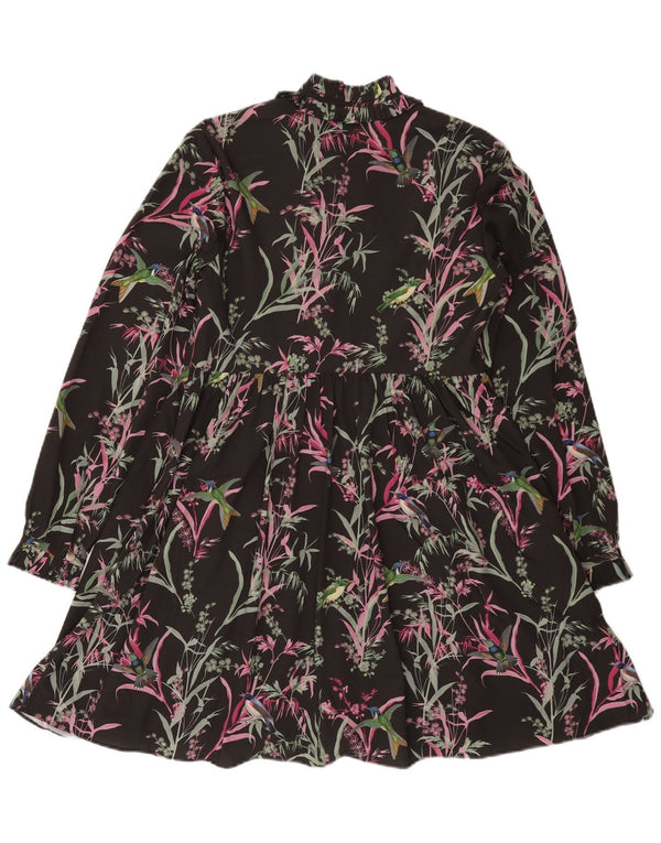 Ted Baker Langarm-Stufenkleid für Damen, Größe 1 XS, Schwarz, Blumenmuster, Bohemian-Stil