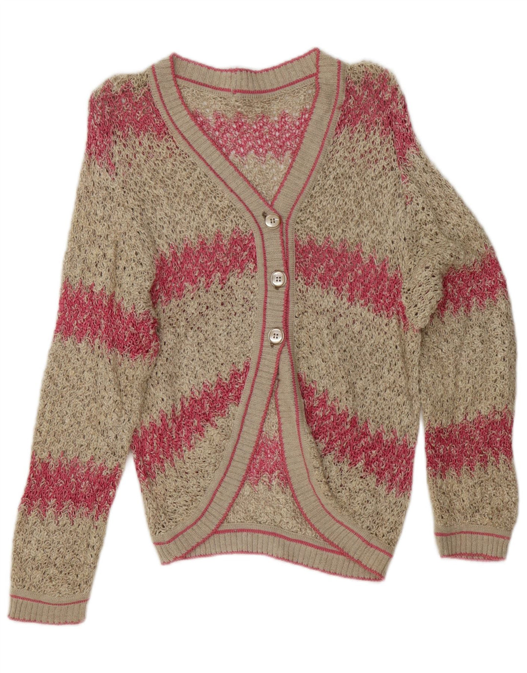 Vintage Damen Cardigan Pullover UK 14 Medium Off White gestreift