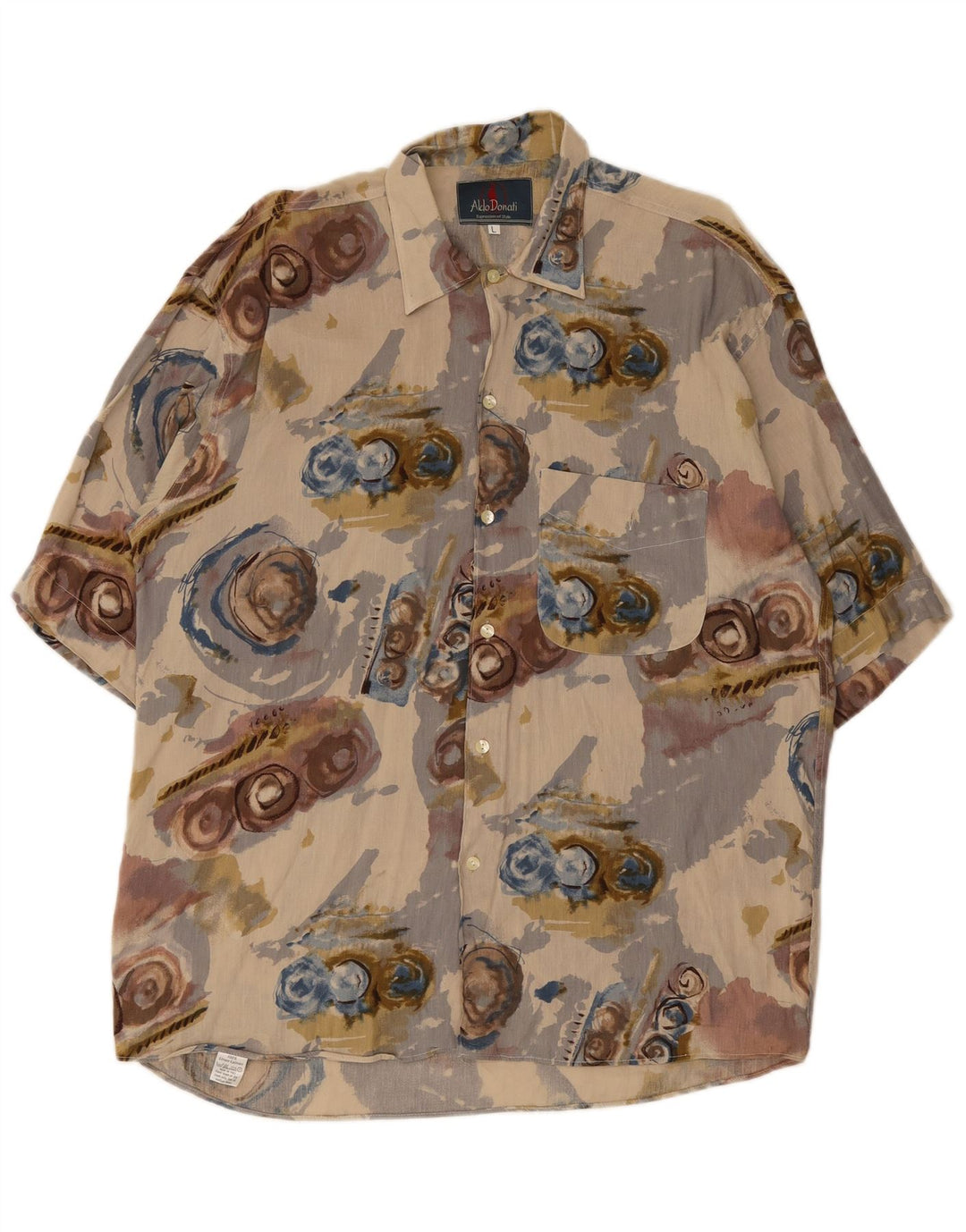 Vintage Herren-Kurzarmhemd mit abstraktem Muster, großes Beige-Leinen