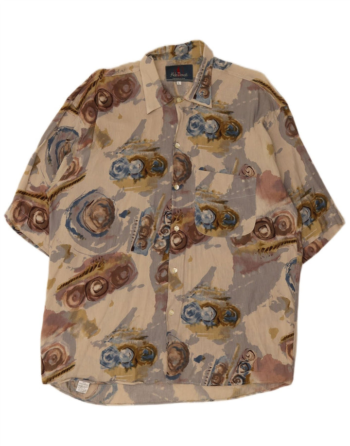 Vintage Herren-Kurzarmhemd mit abstraktem Muster, großes Beige-Leinen