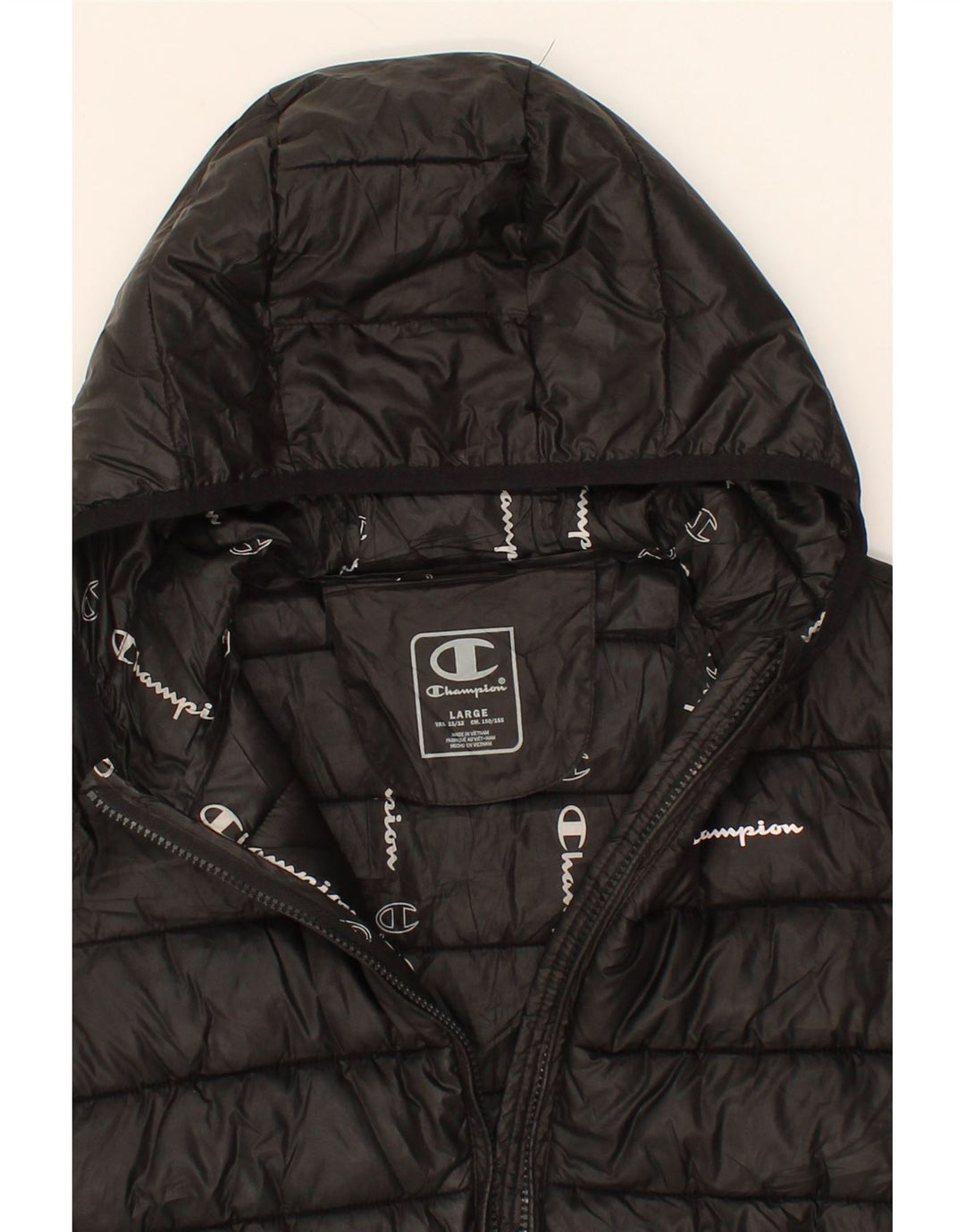 CHAMPION Boys Hooded Padded Jacket 11-12 Years Large Black Polyester Vintage Champion and Second-Hand Champion from Messina Hembry 