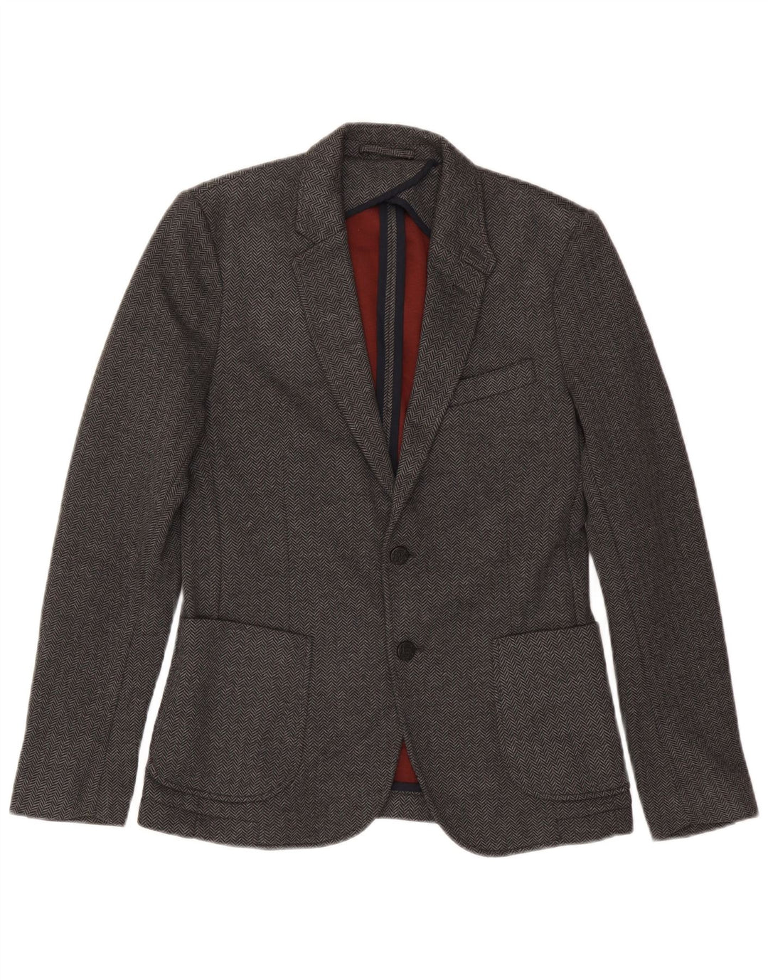 Zara Herren-Blazer mit 2 Knöpfen, EU 46, kleines graues Fischgrätenmuster aus Polyester