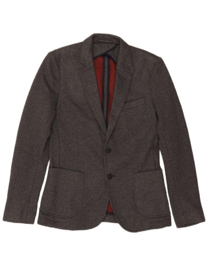 Zara Herren-Blazer mit 2 Knöpfen, EU 46, kleines graues Fischgrätenmuster aus Polyester