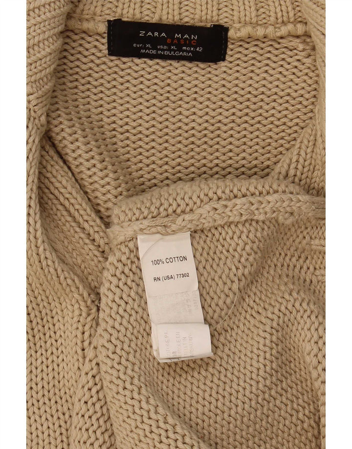 Zara Herren-Pullover mit Knopfkragen, XL, beige Baumwolle