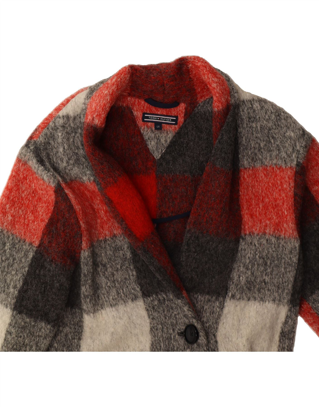 TOMMY HILFIGER Girls Knit Overcoat 7-8 Years Grey Plaid Wool Vintage Tommy Hilfiger and Second-Hand Tommy Hilfiger from Messina Hembry 