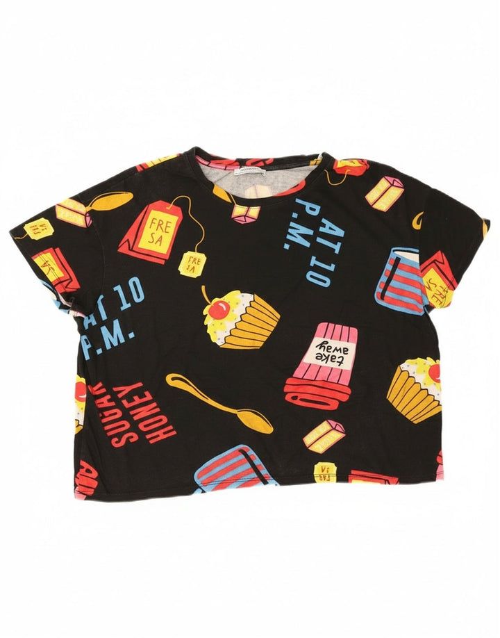 Zara Damen Crop Oversize Graphic T-Shirt Top UK 14 Medium Schwarz