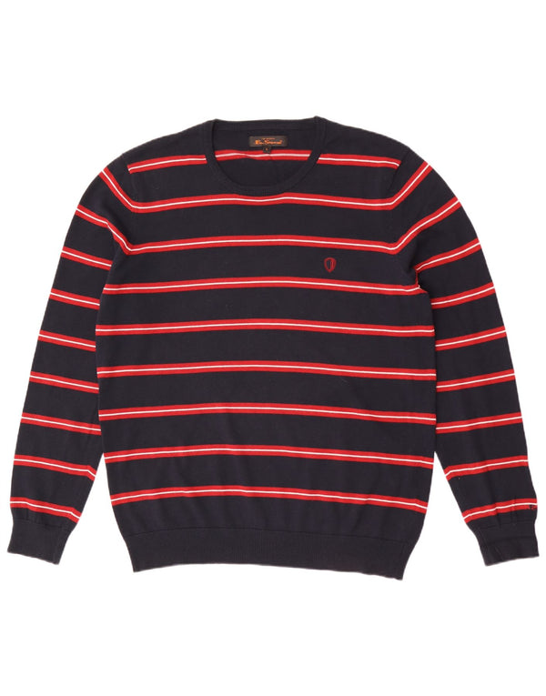 Ben Sherman Mens Crew Neck Jumper Sweater Large Navy Blue Striped Cotton