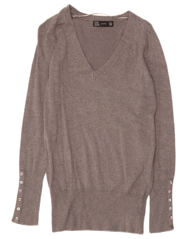 Zara Damen-Pullover mit V-Ausschnitt, Gr. 10, Größe S, grau, Viskose