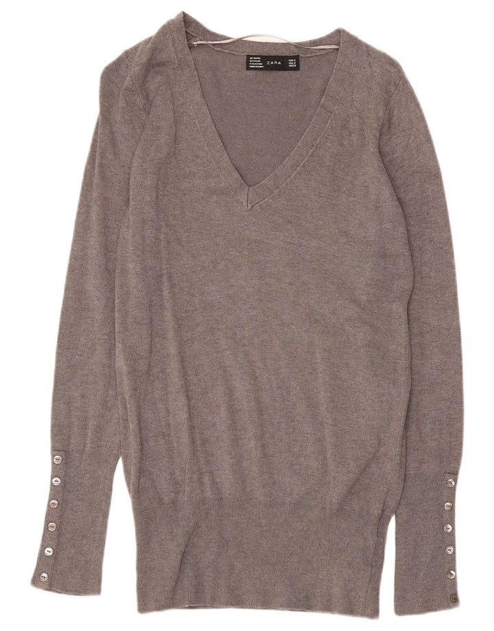 Zara Damen-Pullover mit V-Ausschnitt, Gr. 10, Größe S, grau, Viskose