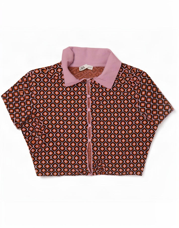 Zara Damen Crop Cardigan Top UK 16 Large Mehrfarbig Geometrisch