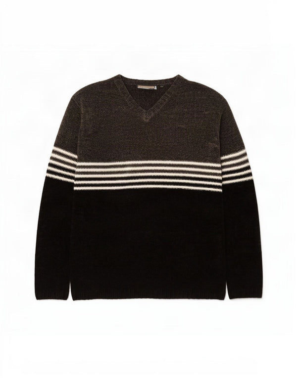 Vintage Herren-Pullover aus Velours mit V-Ausschnitt, groß, grau, Farbblock