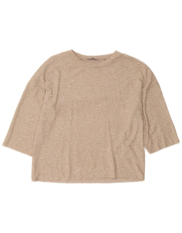 Zara Damen Trafaluc Pullover Top 3/4 Ärmel UK 10 Small Beige Flecked