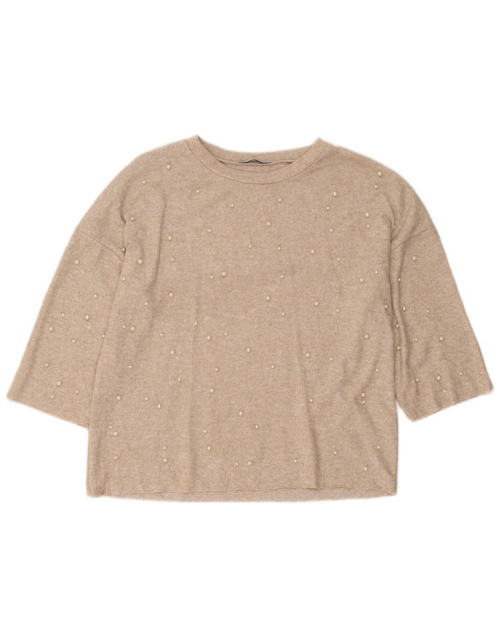 Zara Damen Trafaluc Pullover Top 3/4 Ärmel UK 10 Small Beige Flecked