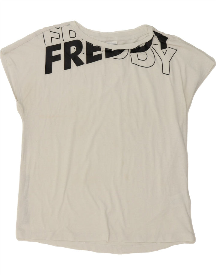 FREDDY Womens Oversized Graphic T-Shirt Top UK 10 Small  White Cotton Vintage Freddy and Second-Hand Freddy from Messina Hembry 