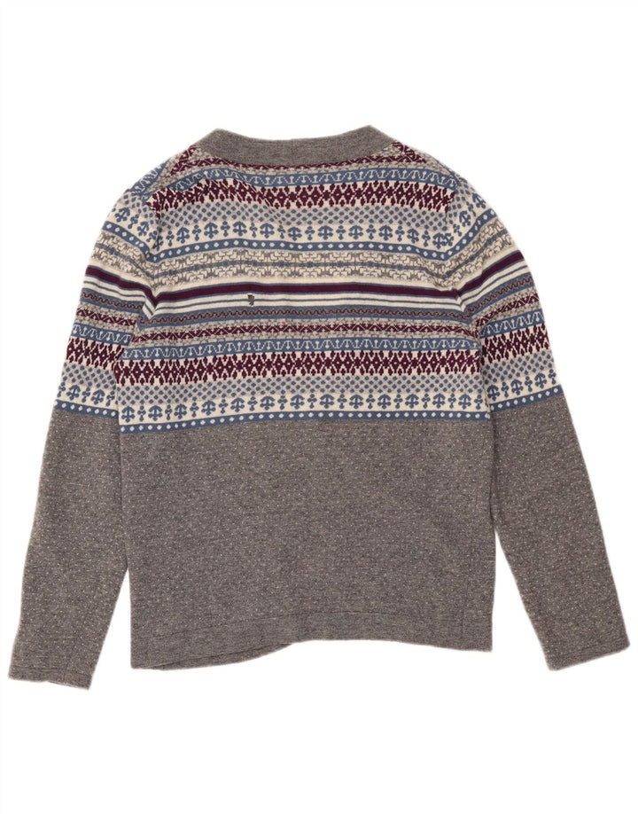 Benetton Damen-Cardigan-Pullover UK 14 Mittelgraue Fair-Isle-Wolle