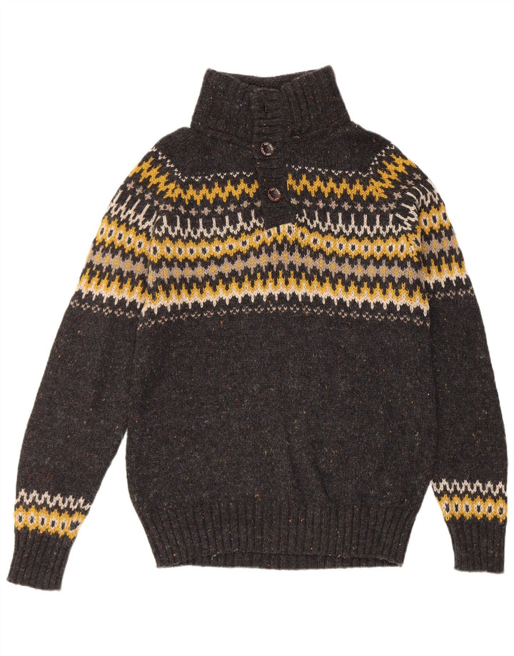 Fat Face Herren-Pullover mit Knopfkragen, mittelgraue Fair-Isle-Wolle