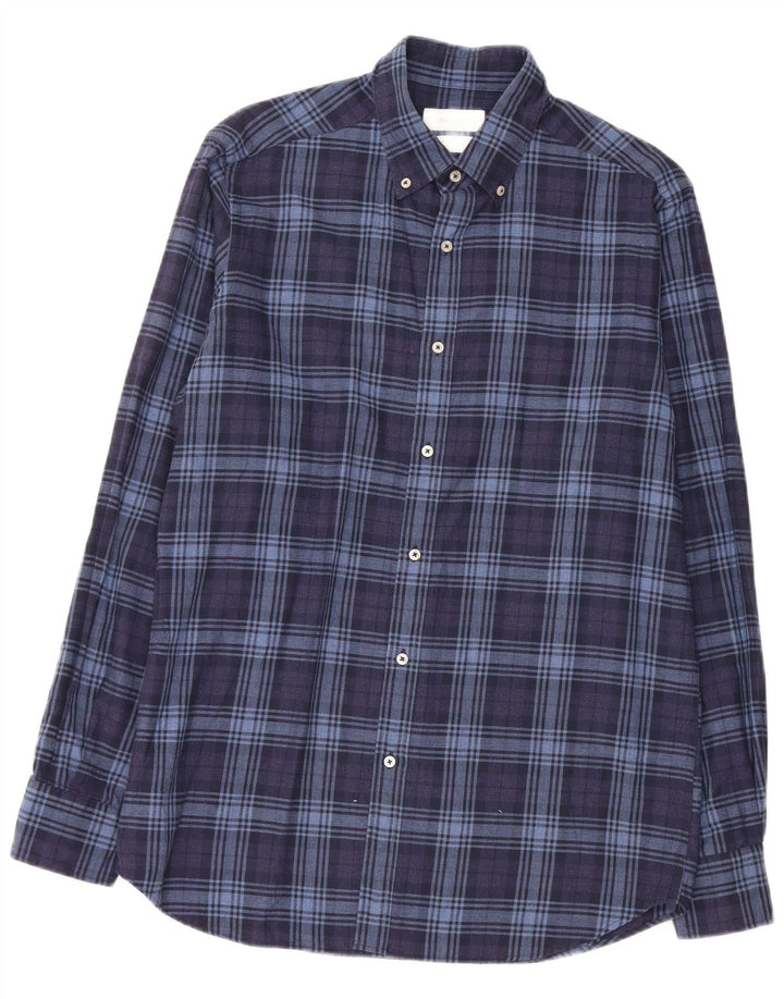 MASSIMO DUTTI Herren-Flanellhemd, mittelblau, kariert, Baumwolle