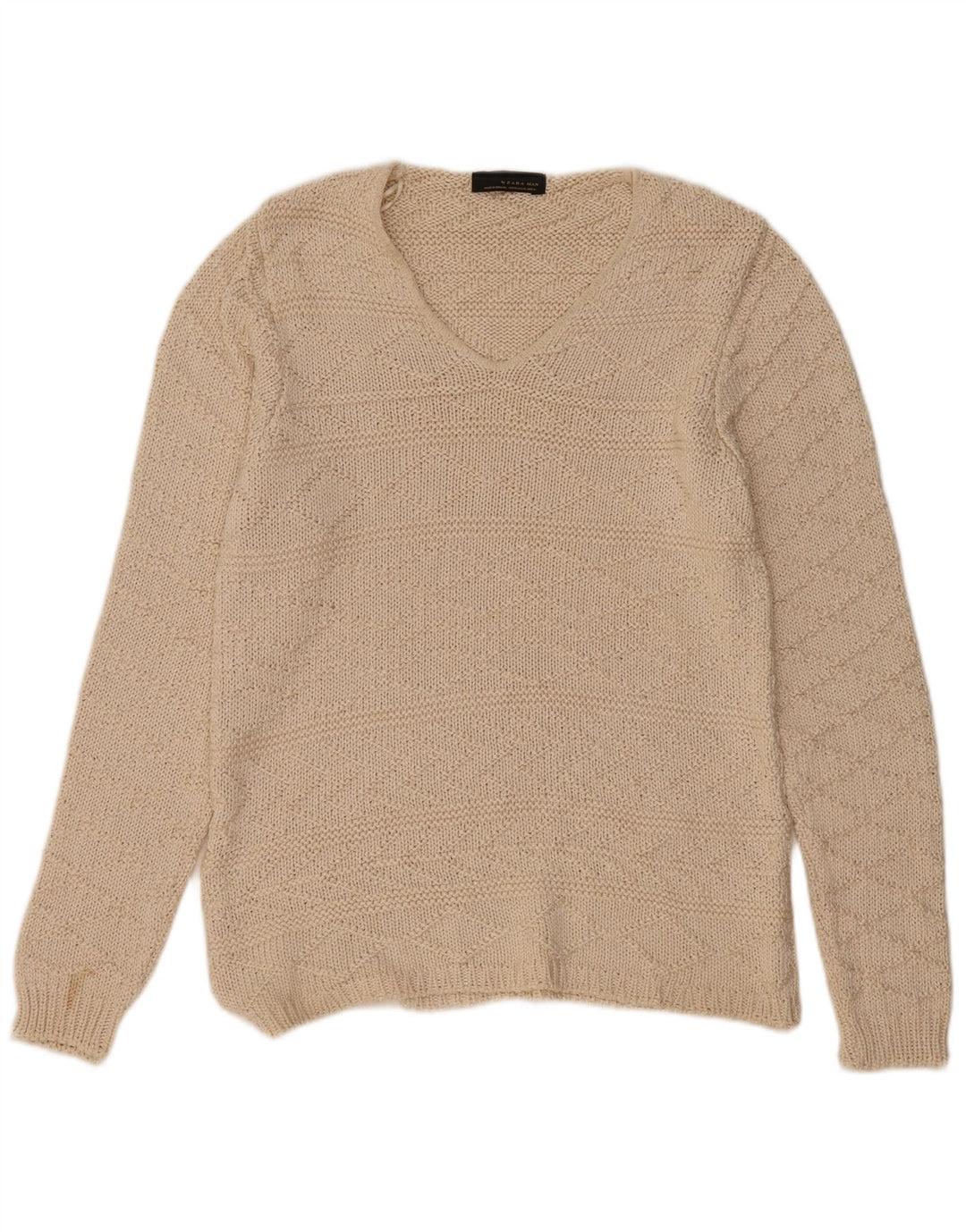 Zara Herren V-Ausschnitt Pullover Pullover XL Beige Acryl