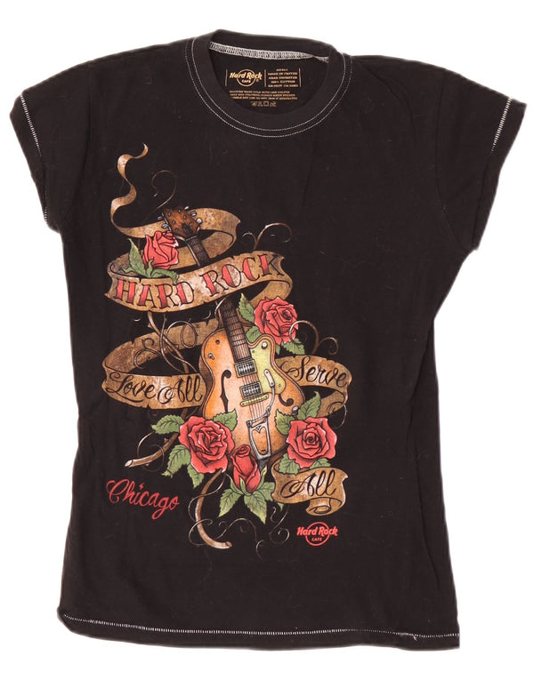 Hard Rock Cafe Damen Chicago Graphic T-Shirt Top UK 8 Small Schwarz Baumwolle