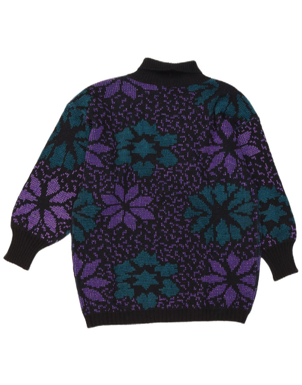 Vintage Damen Rollkragenpullover Pullover UK 16 Großes schwarzes Blumenmuster