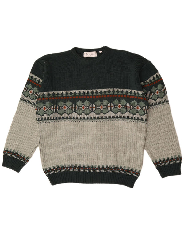 Vintage Herren Pullover mit Rundhalsausschnitt, groß, grün, Fair-Isle-Acryl
