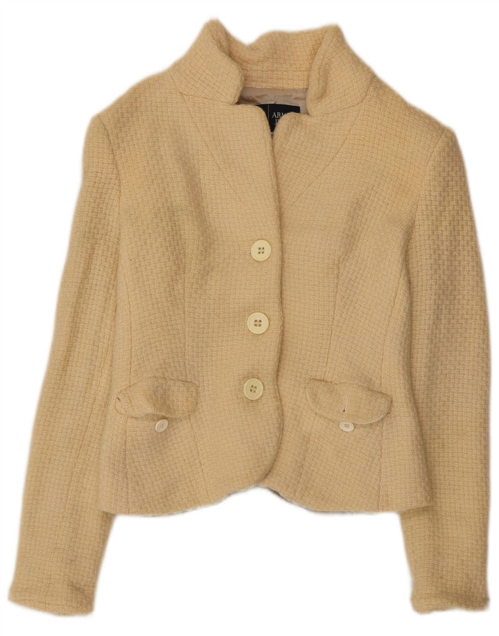 ARMANI JEANS Damen Crop 3-Knopf-Blazerjacke UK 12 Mittelbeige Wolle