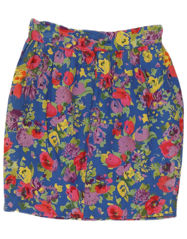 Vintage Damen High Waist Bubble Rock IT 46 Large W30 Blau geblümtes Acetat