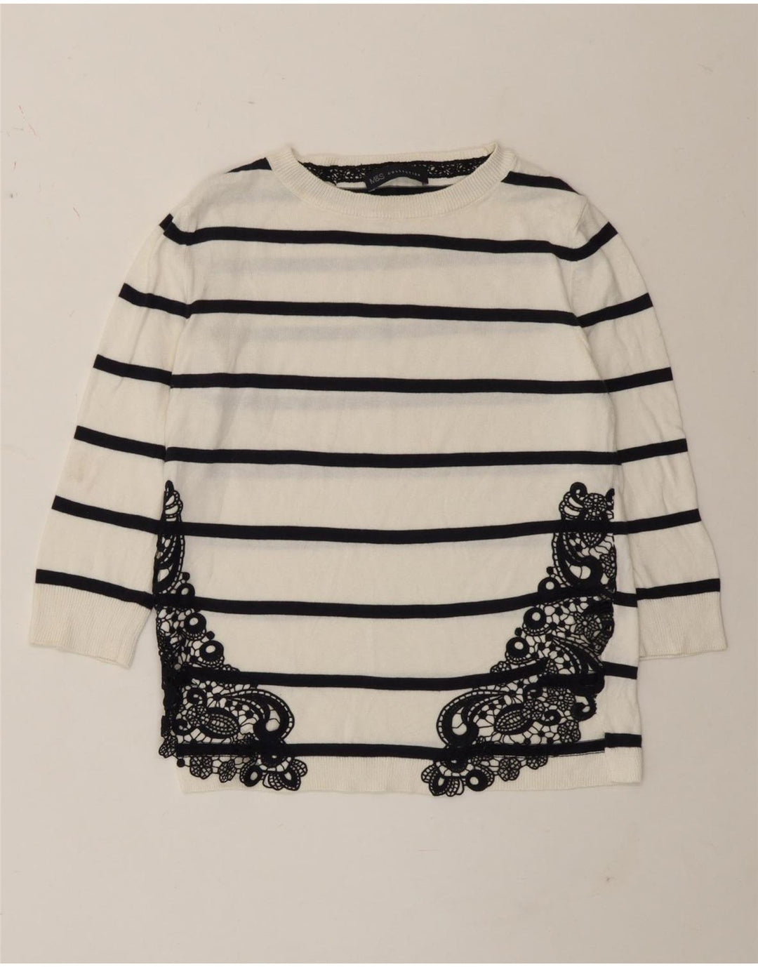 Marks & Spencer Damen-Top, 3/4-Ärmel, UK-Größe 8, Größe S, weiß, gestreift, Baumwolle
